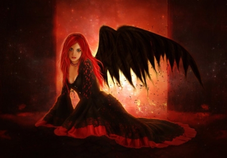 •ღ✿ღ• - fantasy, angel, art, red and black