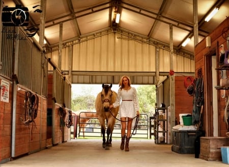 A Walk In The Barn.. - women, fun, female, boots, fashion, models, western, girls, cowgirl, style, horses, blondes, barn, ranch