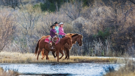 River Crossing. . . - style, girls, western, women, hats, ranch, outdoors, horses, brunettes, cowgirl, river, fun, female, boots, blondes