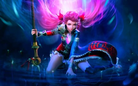 Fantasy girl - sword, fantasy, pink, game, luminos, girl, frumusete, blue