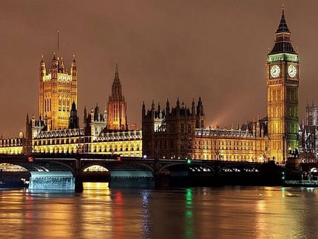 London - parliament, river, lights, scene, london, night, bridge