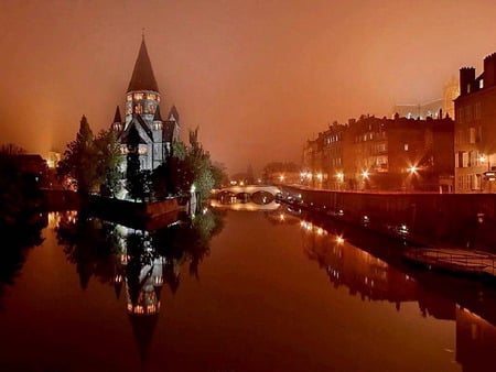 Metz - metz, river, lights, scene, night, bridge