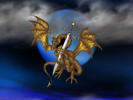 Golden Dragon - moon, fantasy, dragon, gold, sky