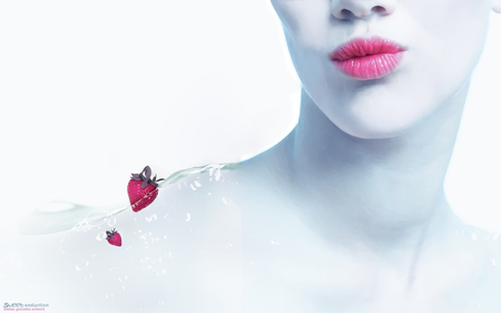 Strawberry Kisses - strawberries, lips, water, kisses, kiss