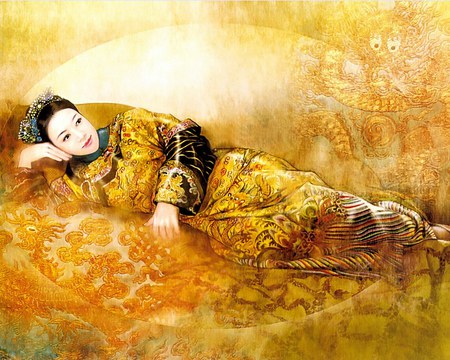 Golden Aristocrat - woman, golden dress, reclining, female, aristocrat, chinese