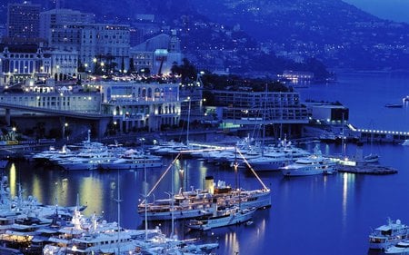 Monaco Harbor At Dusk - boats, water, lights, ships, harbor, dusk, monaco, mountain