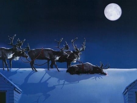 Sleeping on job reindeer - abstract, moon, winter, blue, snow, christmas, roof, 3d, reindeer, art