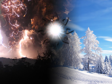 A contrast - volcano, split, snow, blend, lightning, fire, half