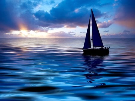 Sunset Sailing - yacht, dark blue sea, sailing, sunset, ocean, nature