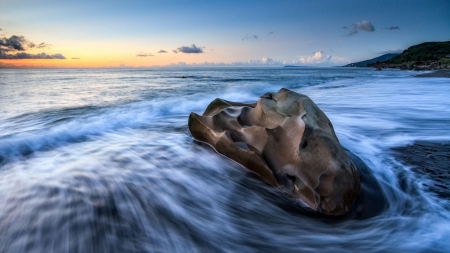 Big Rock on the Beach - clouds, shore, nature, beach, sea, ocean, rocks, sky