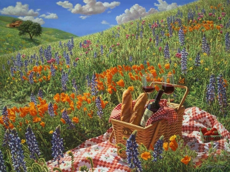 Spring is Here - bread, flowers, basket, wine, poppies, field, picnin, still life