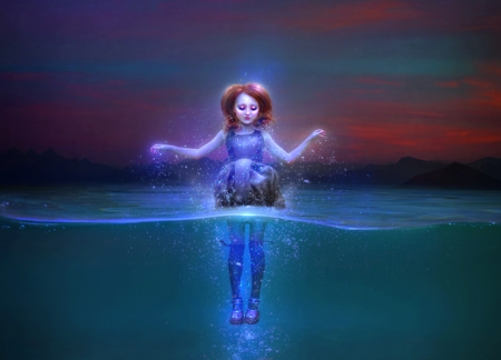 Evening dive - water, summer, thegirlcansmile, blue, girl, sea, fantasy, evening dive, luminos