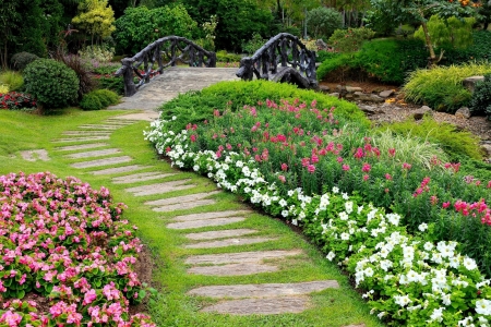 Spring In The Park - trees, creek, bushes, stones, flowers, path, Spring, bridge, park, walkway, rocks