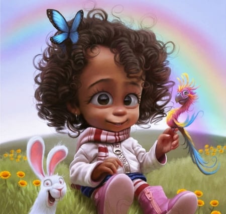 Little girl with bird and bunny - bird, blue, tiago hoisel, pink, easter, rainbow, art, curls, rabbit, girl, frlower, bunny, flower, fantasy, pin, butterfly, cute, little