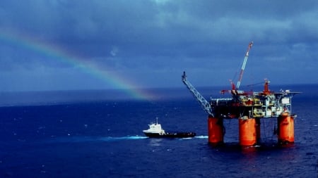 Rainbow Above the Ocean - nature, rainbow, ocean, oil pollution, blue, sea