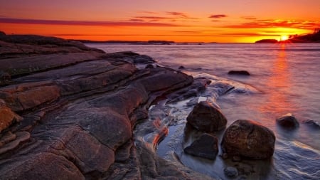 Sunset Over Georgian Bay - nature, clouds, sunset, great lake, bay, rocks