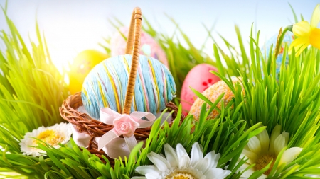 Early Easter Morning - Easter eggs, sunshine, spring, grass, light, Easter, flowers, basket, sun