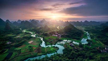 China in Sunset - scenery, town, fields, chinese, china, mountain, village, river, sunset, green, sky