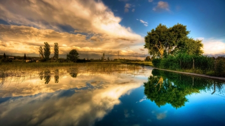 Reflection of Spring Lake - nature, lake, landscape, trees, reflection, clouds, river, water