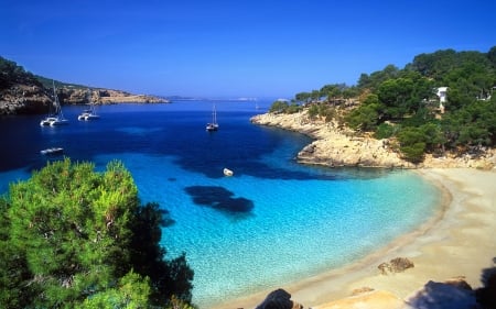 Sea Beach - stone, nature, beach, landscape, boats, trees, sand, sea