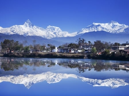 Early in Spring - nature, lake, houses, trees, mountain, reflection, snow, spring