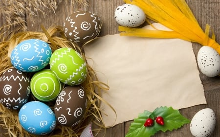 Happy Easter! - easter, feather, card, egg, yellow, blue, green