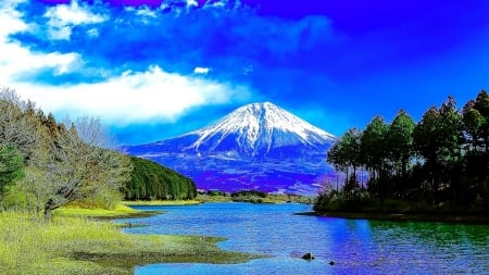 Snowy Peak - clouds, river, trees, nature, peak, snow, mountain