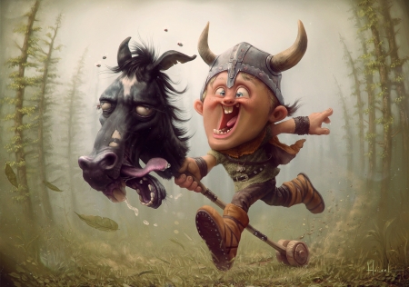 Viking - tiago hoisel, toy, child, funny, fantasy, creative, horns, viking, horse, luminos, man