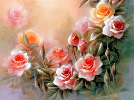 Sweet Roses - nature, love four seasons, roses, paintings, flowers, garden, spring