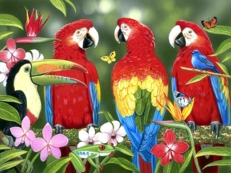 Tropical Friends - parrots, birds, summer, butterflies, paintings, flowers, nature, tropical, garden, love four seasons, animals