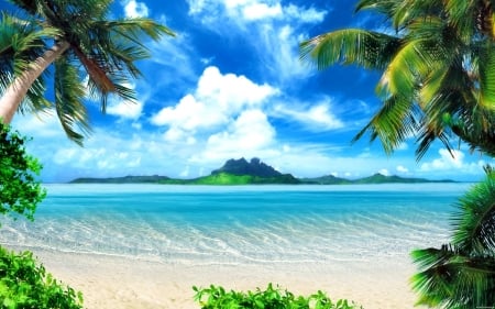 Beach Paradise - palm, clouds, island, trees, sea, ocean, nature, paradise