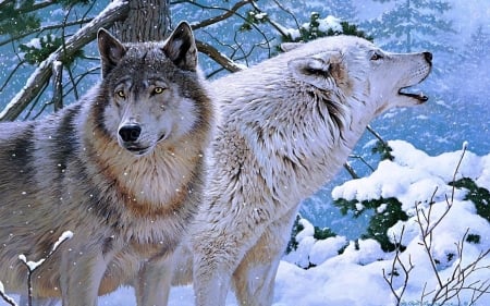 Winter Wolves - paint, trees, animal, winter, artwork, snow, wolves