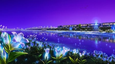 Beauty Valley - water, blue, wagon, night, stars, flowers, train, nature, purple, lights, lake, sky