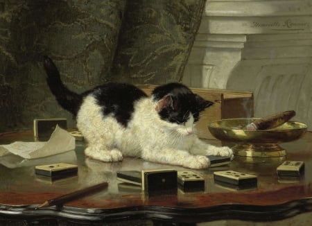 Playful kitten - painting, art, cat, luminos, pictura, pisica, henriette ronner knip, kitten