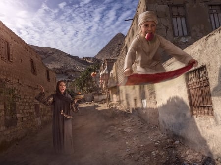 Flying carpet - woman, street, flying carpet, child, copil, dust, creative, fantasy, fruit, aladin, boy, red, adrian sommeling, apple