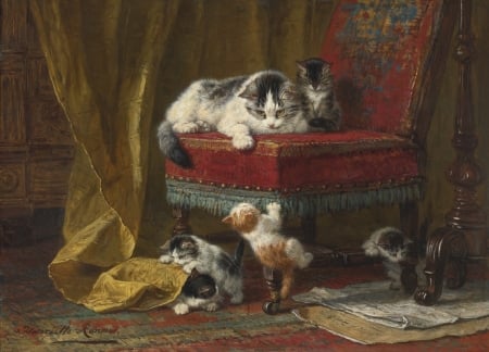 Playful kittens - henriette ronner knip, cat, chair, pictura, pisica, kitten, painting, art, luminos