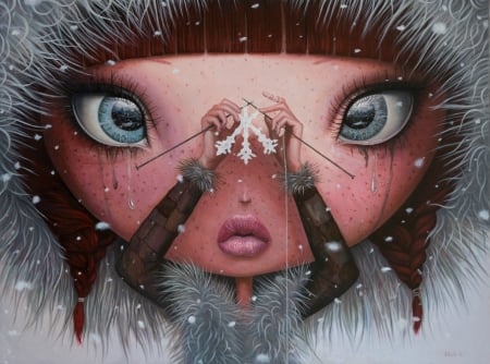 You'll never melt again on me - winter, borda, girl, eyes, oil, pictura, fantasy, snowflake, freckles, painting, face, art, luminos