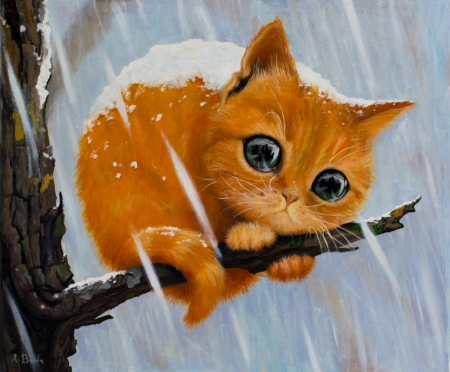 Forever alone - winter, cat, eyes, art, pisica, pictura, oil, orange, branch, luminos, painting, ginger, snow, borda