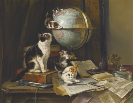 Playful kittens - playful, pictura, pisica, henriette ronner knip, kitten, painting, art, cat