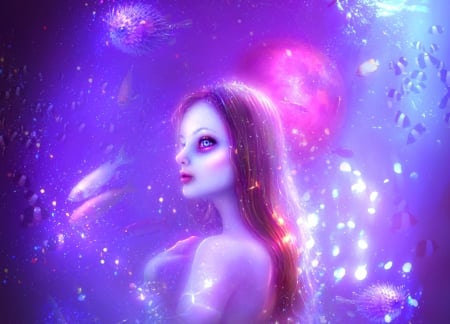 Moonshine - girl, water, thegirlcansmile, summer, fantasy, moonshine, luminos, pink, blue, fish