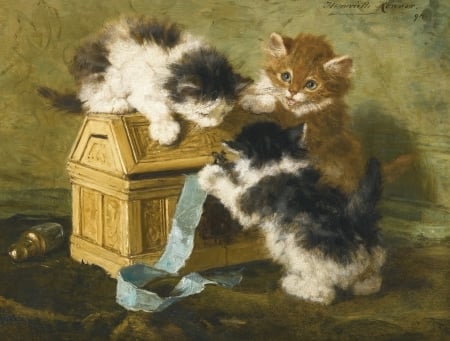 Playful kittens - henriette ronner knip, cat, pictura, pisica, playful, kitten, painting, cute, ribbon, box, trio, art