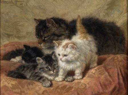 Siesta - siesta, henriette ronner knip, cat, black, pictura, pisica, kitten, painting, art, luminos