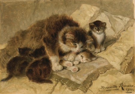 Cleaning her babies - henriette ronner knip, cat, pictura, pisica, clean, animal, kitten, painting, art, luminos