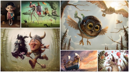 Collage - owl, viking, fantasy, ship, collage, tiago hoisel, art, luminos