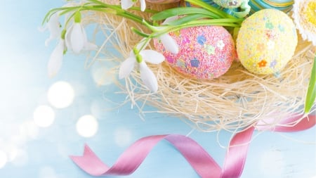 Snow Drops Pink Easter Ribbon - flowers, spring, snowdrops, firefox persona theme, easter, ribbon, bokeh, basket, easter eggs