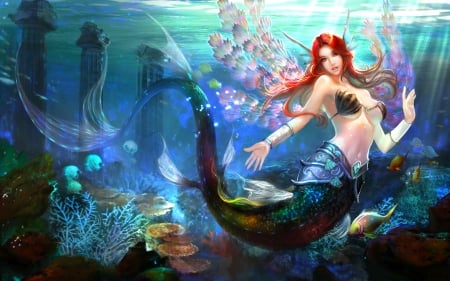 Sapphire - woman, girl, fantasy, underwater, art, pretty, beautiful, mermaid, blue, digital