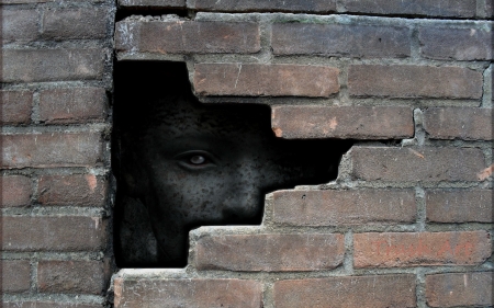 Someone is Watching - bricks, eyes, face, dark, creepy