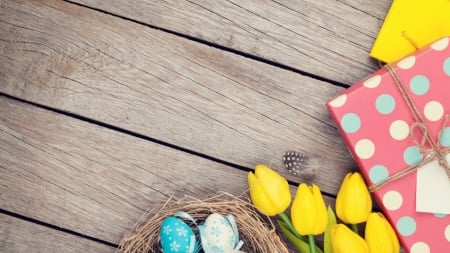 Happy Easter - easter, eggs, tulips, wood