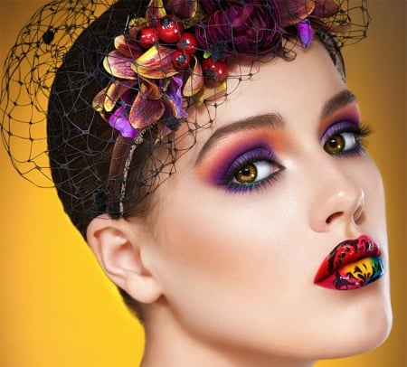 Model - face, red, model, lips, yellow, girl, woman