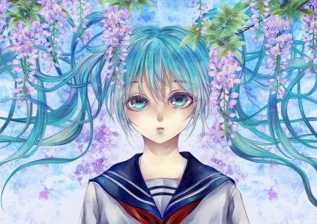 Hatsune Miku - manga, vocaloid, anime, blue, girl, wisteria, flower, pink